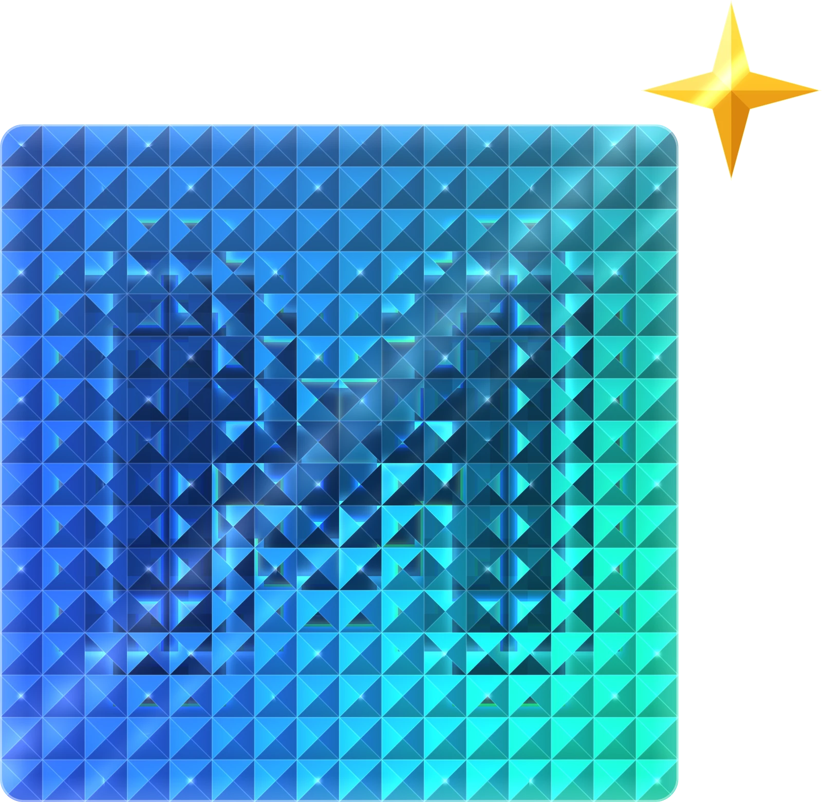 Muse Pixel: símbolo, um quadrado de vidro de pirâmides com um M e uma estrela